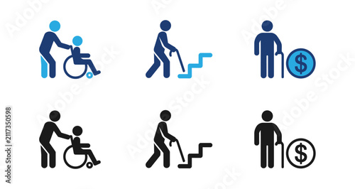 Bild auf Leinwand Set of social care icons depicting elderly support wheelchair assistance and fin
