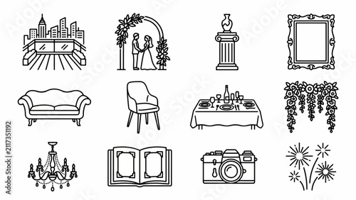 Luxury Indian Celebration Line Icons: Clean Black Monoline Vector Set for Rooftop Venues, Marble Pedestals & Golden Frames