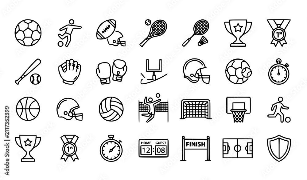 Obraz Thin line ball sports illustration set with soccer football tennis badminton boxing and volleyball vector icons