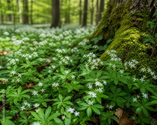 A lush green carpet of woodruff plants with tiny white star-shaped flowers on a forest floor.