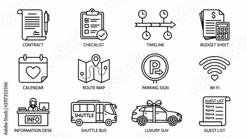 Indian Wedding Logistics & Event Management Icons: Black Outline Vector Set for Contracts, Timelines, Shuttles & Guest Lists