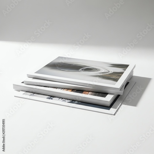 A clean, minimalist stack of three photography magazines or art books on a white surface with soft shadows.