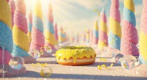 A delicious yellow donut in a magical, sunlit candy land with colorful, sugary towers.