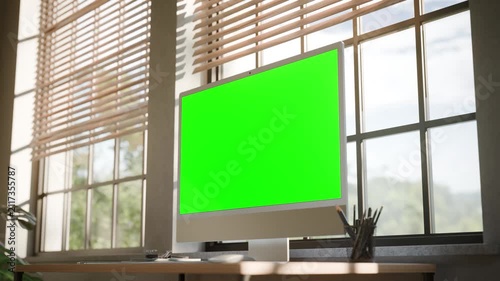 Desktop All in One Computer Green Screen Mockup in Bright Modern Office - Perspective View