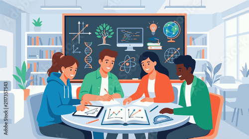 Diverse students collaborate on scientific subjects in a bright classroom