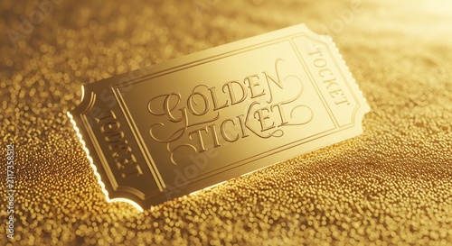 An elegant golden ticket with embossed lettering resting on a shimmering, sparkling gold background.