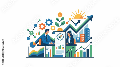 Diverse team analyzes growth charts and cityscapes with rising sun