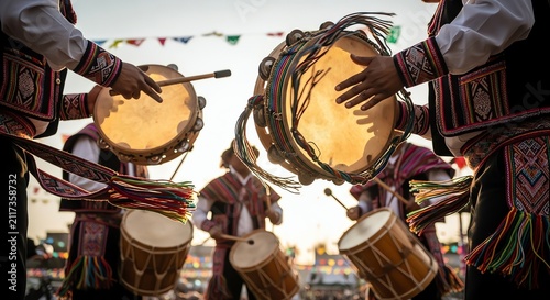 Andean Musicians Playing Traditional Drums and Tambourines in Colorful Festive Attire