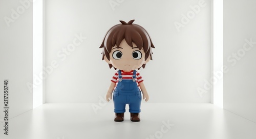Animated Boy Character in Overalls and Striped Shirt Standing in White Studio