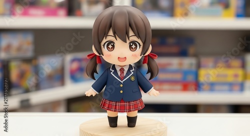 Anime-Style Schoolgirl Figurine in Uniform, Smiling, Wooden Base.