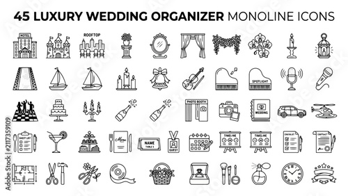 Ultra-Modern 45-Piece Indian Luxury Wedding Planner Icons: Black Outline Vector Set for Hotels, Yachts, Helicopters & Grand Pianos