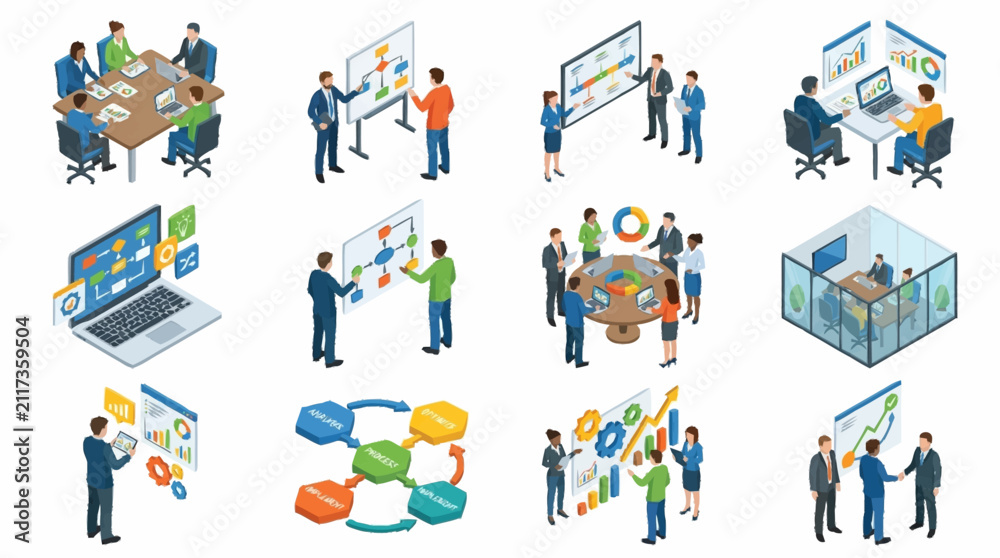 Fototapeta premium Colorful isometric illustrations of business teamwork and collaboration.