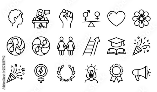 Set of hand drawn icons representing women empowerment feminism gender equality and social justice concepts
