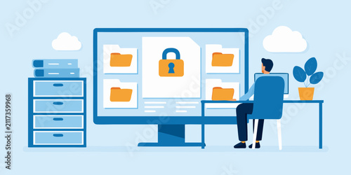man working at desk in flat vector illustration professional computer folders lock workplace office file cabinet plant clouds design blue color business security
