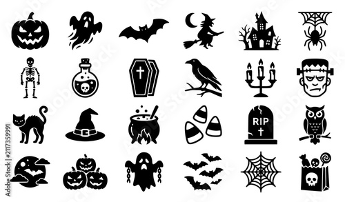 Collection of black silhouette icons for halloween featuring spooky characters and traditional holiday symbols on white background