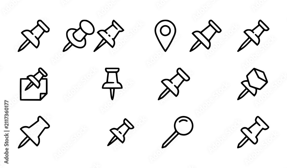 Fototapeta premium Set of hand drawn push pin icons for office and map location marking on white background