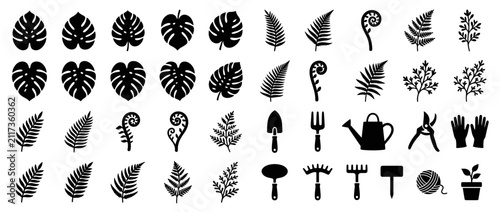 Quadro su tela Botanical Silhouettes and Gardening Tools Collection