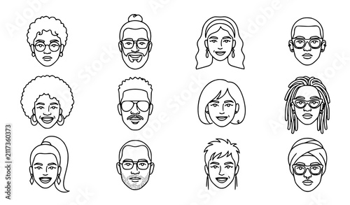 Set of diverse human faces and avatars with various hairstyles and glasses in a simple line art style