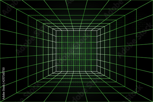 Wireframe cube room with green binary matrix grid in digital perspective background