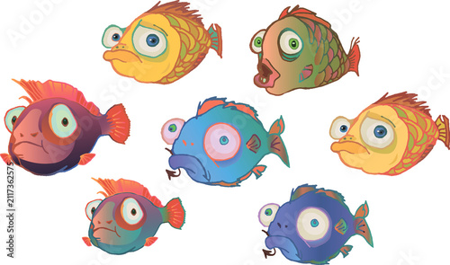Set cartoon characters cute fish bright colors isolated on white background Emotions of animals. fish on hook, Underwater cartoon character sad animal drawing clipart illustration flat icon children