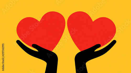 Two hands holding red hearts on yellow background  