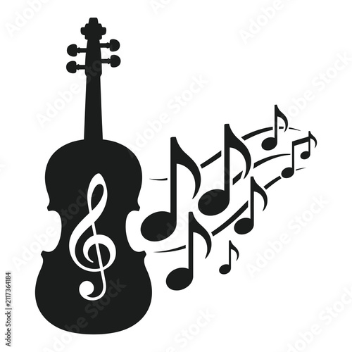 Black silhouette of violin with musical notes on white background icon