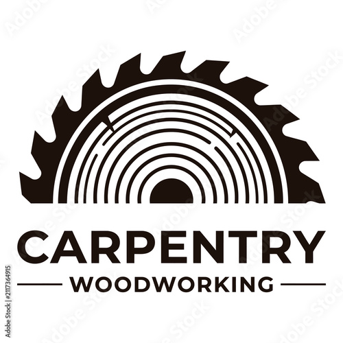Carpentry woodworking logo with saw blade and wood grain pattern icon