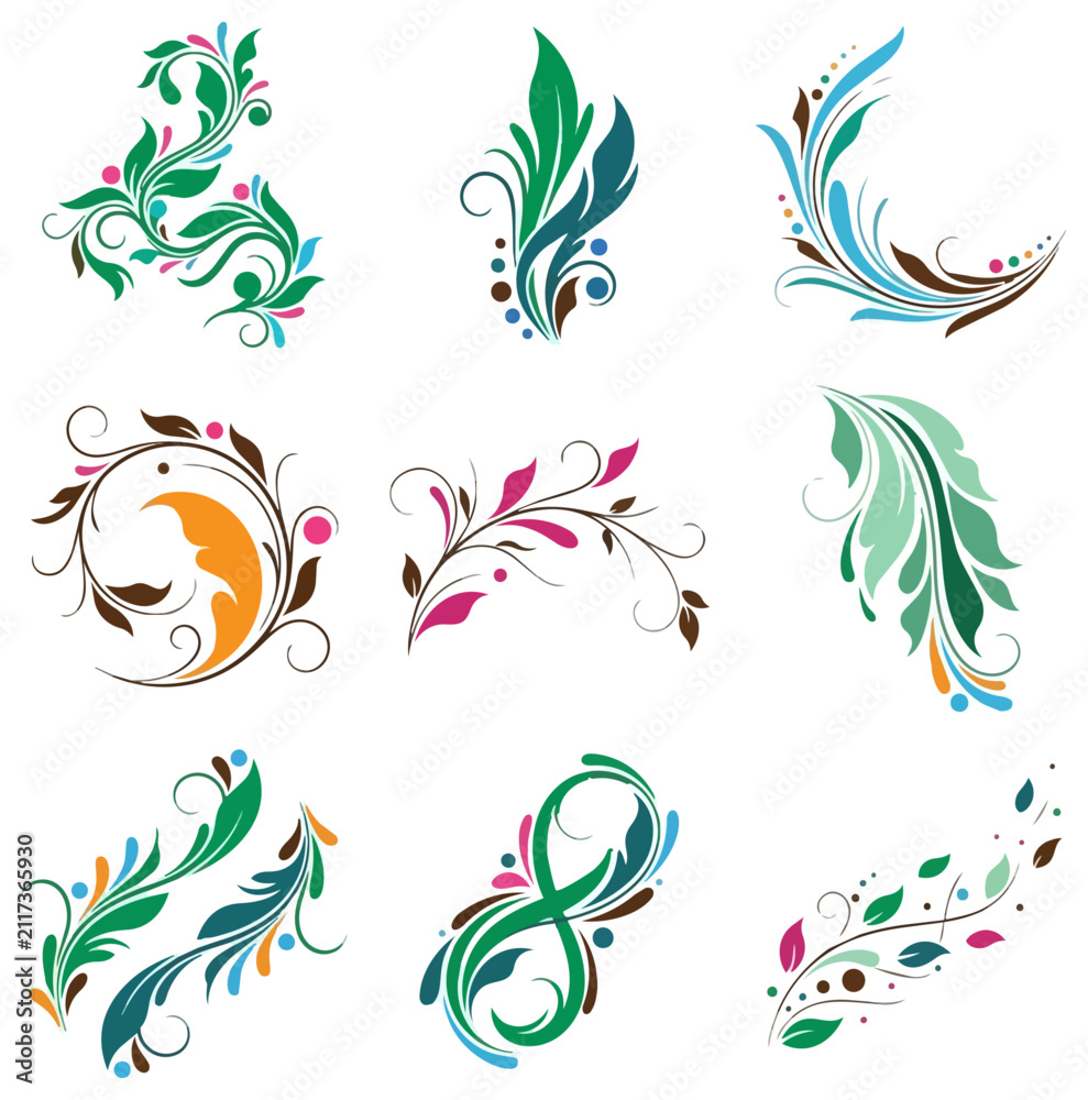 Fototapeta premium Decorative floral elements for graphic design isolated on black