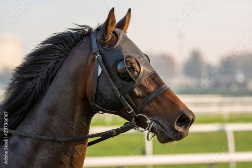 A racehorse in profile wearing leather blinkers against a soft-focus racetrack.