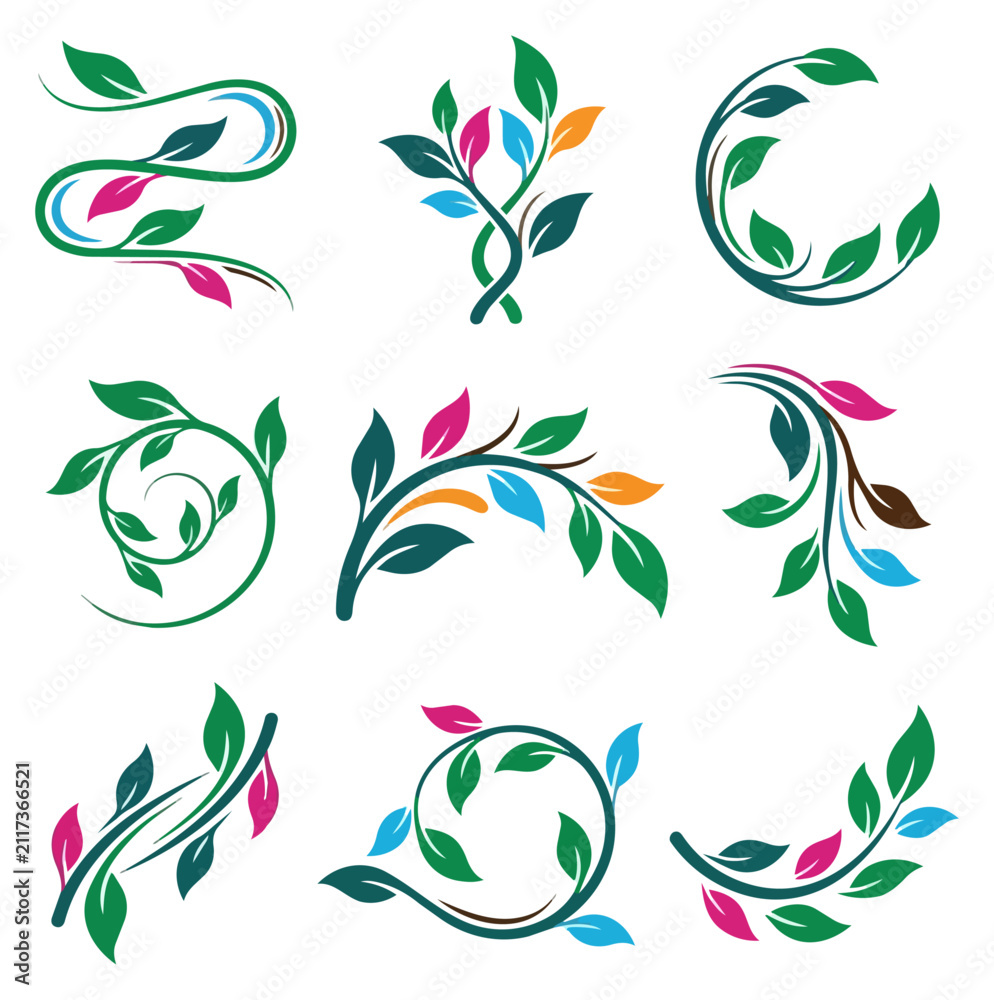 Obraz premium Decorative floral swirls and branches with colorful leaves