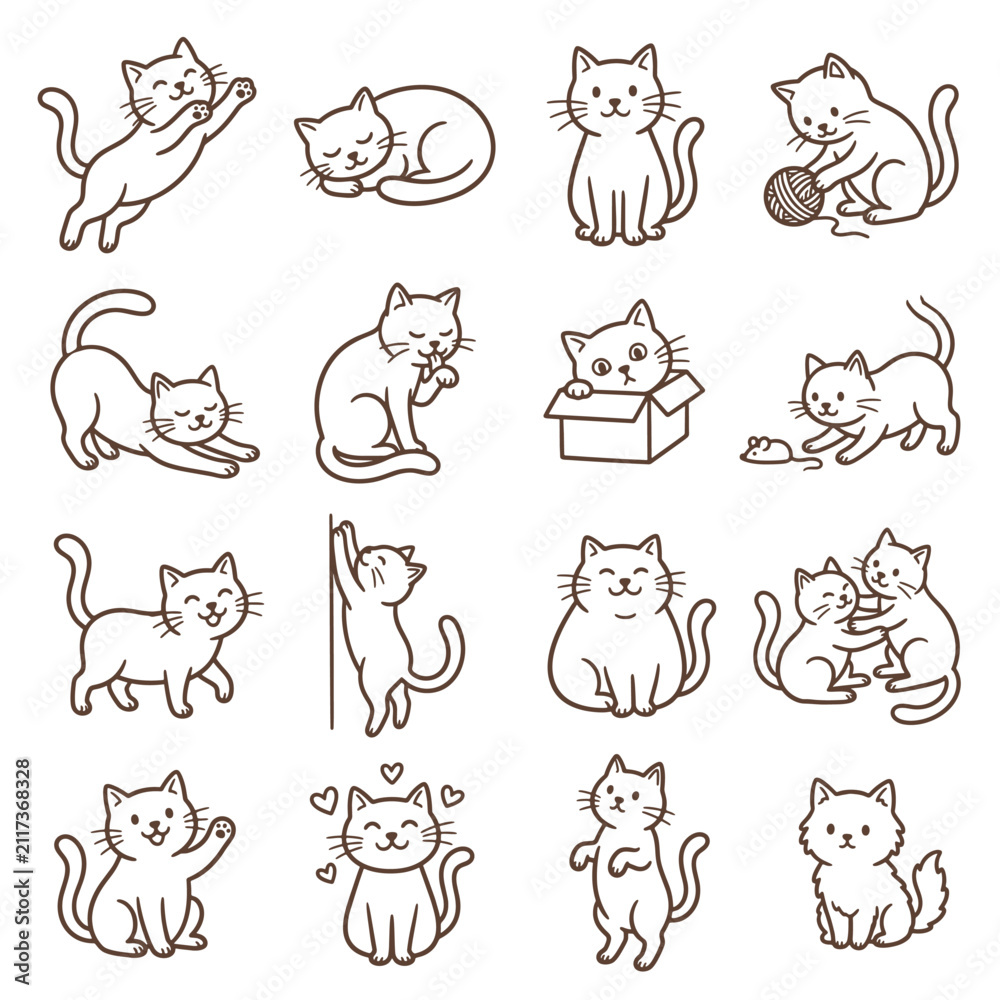 Obraz premium Cute cartoon cat line art outline vector icon set, kitten doodle collection in various poses, editable stroke