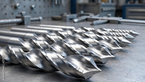 Shiny metallic drill bits arranged precisely on industrial workbench surface for precision metalworking tasks with resting metallic workshop