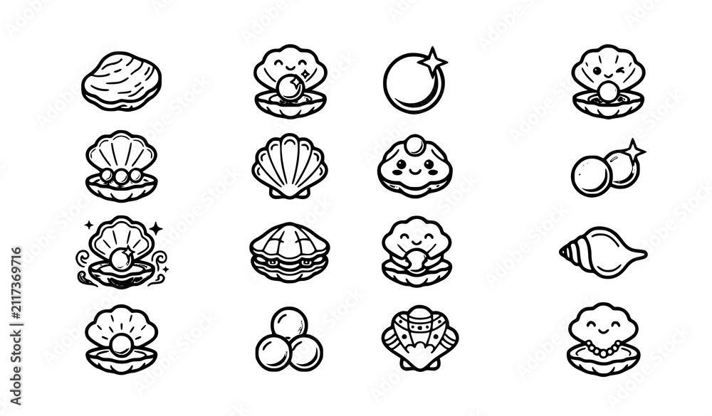 Fototapeta premium Cute Black and White Oyster and Pearl Icon Collection with Hand Drawn Shell Illustrations Isolated on White Background