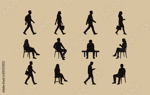 Urban commuter crowd silhouette compilation displaying casual pedestrians and resting citizens for city infrastructure templates