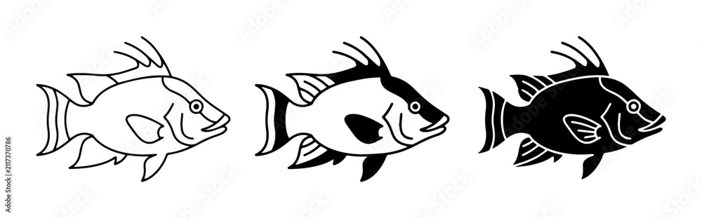 Fototapeta premium Three Stylized Fish Icons: Outline, Silhouette, and Spot Pattern Vector Set