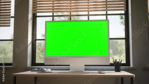 Desktop All in One Computer Green Screen Mockup in Bright Modern Office - Orbit