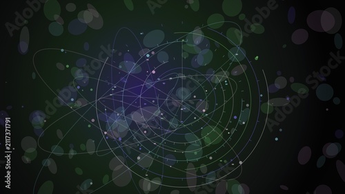 Foto Abstract particle network with orbital paths on dark background