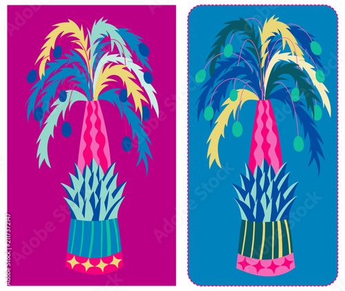 Set of two colorful tropical potted palm illustrations in folk art style