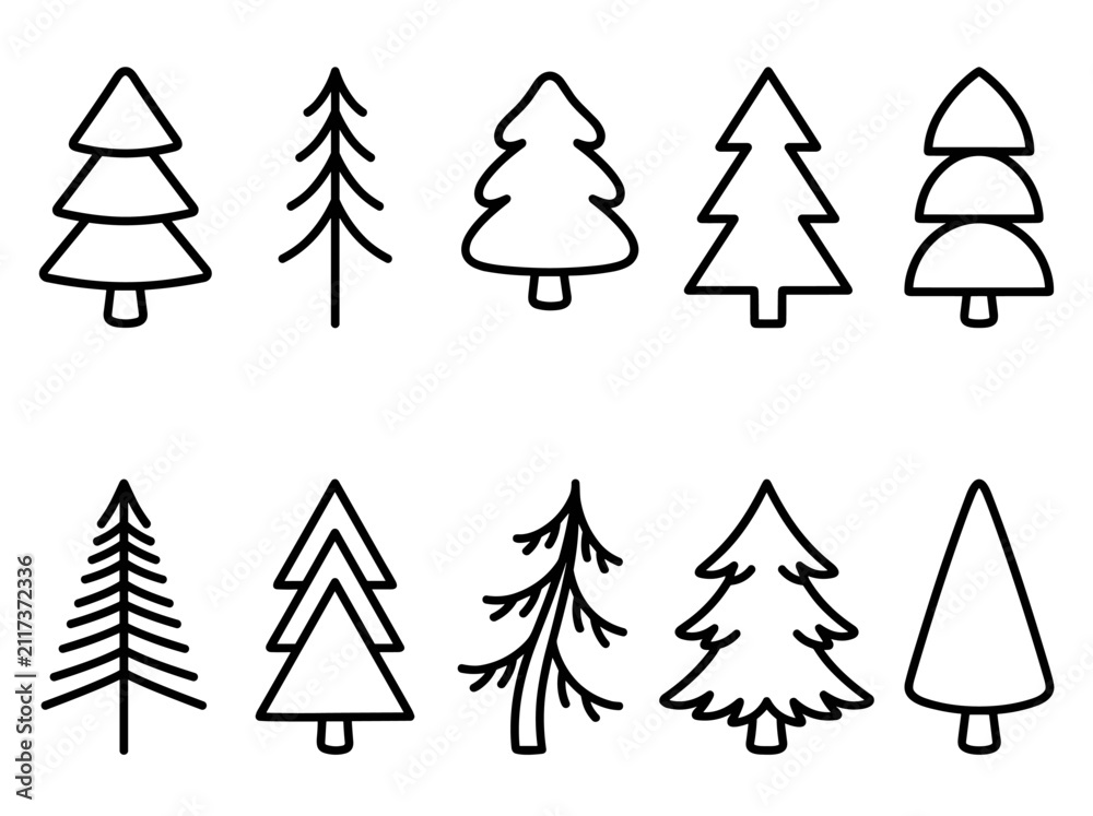 Obraz premium Hand drawn fir tree outline icon set, minimalist black monoline pine spruce forest symbols, vector doodle collection