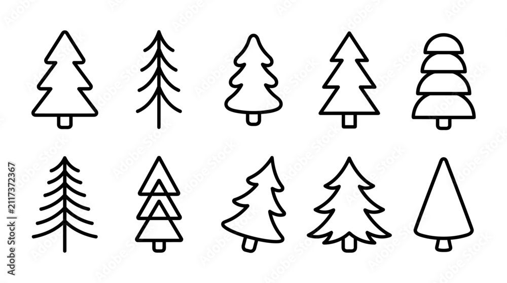 Obraz premium Fir tree outline icons set, hand drawn minimalist pine and spruce doodle, monoline vector illustration
