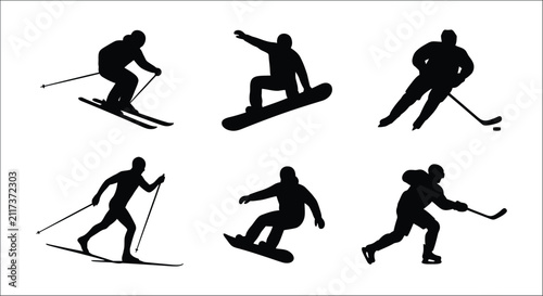Foto Silhouettes Of Skiers Snowboarders And Hockey Players On White Background alpine
