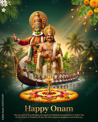 Happy onam festival poster with floral Pookalam brass lamp festival celebration with Hindu