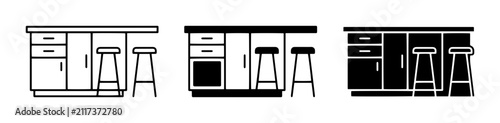 Kitchen Island Set, Bar Counter with Stools, Modern Furniture Icons, Vector Graphics