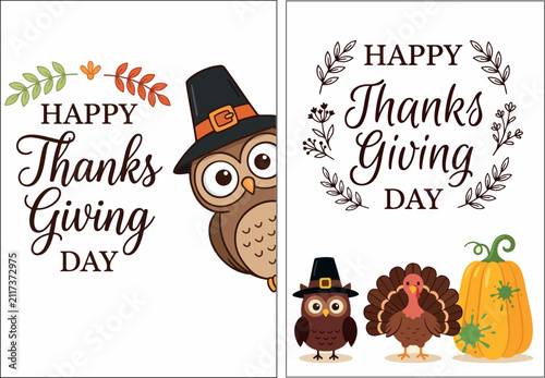 Happy Thanksgiving Day greeting card vector set featuring cute owl with pilgrim hat, festive floral wreath, cartoon turkey, and tall yellow pumpkin isolated on white background png