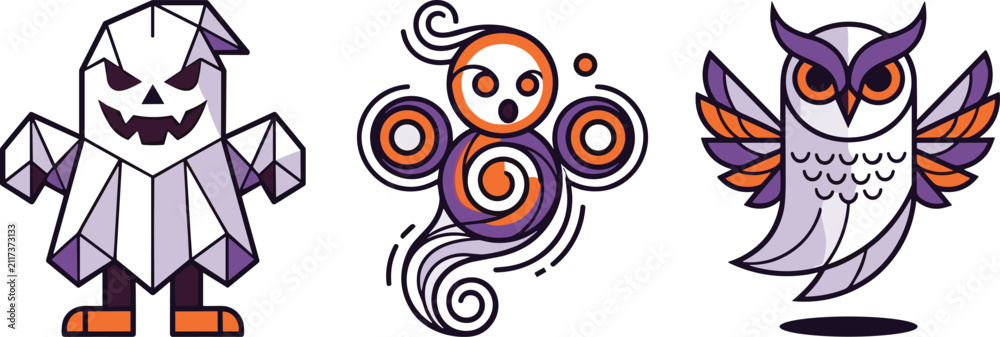 Naklejka premium Halloween Character Vector Set Featuring Ghost, Owl and Abstract Swirl Mascot Illustration