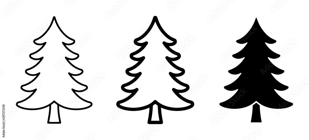 Obraz premium Three Stylized Evergreen Trees: Outline, Line Art, and Solid Silhouette Vector Icons for Winter and Nature Designs
