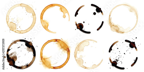Set of coffee cup stains and tea ring marks on paper