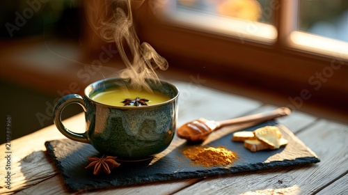 Steaming golden beverage in ceramic mug with spices, ginger, and honey