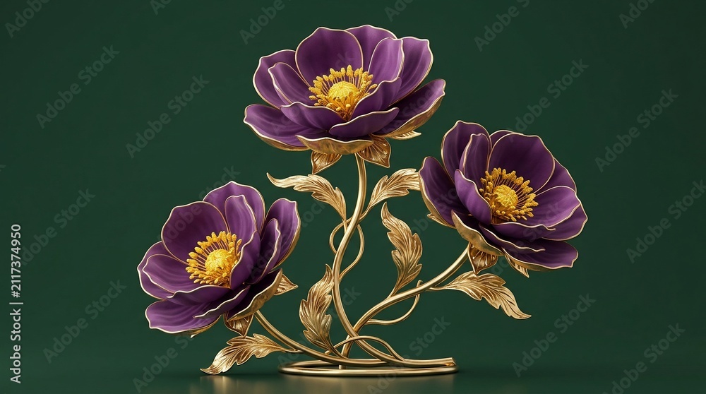 Obraz premium Decorative purple flowers with golden stems on green background