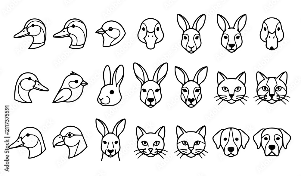 Obraz premium Cute Animal Face Outline Icons Featuring Duck Rabbit Cat Dog Fox and Bird Characters